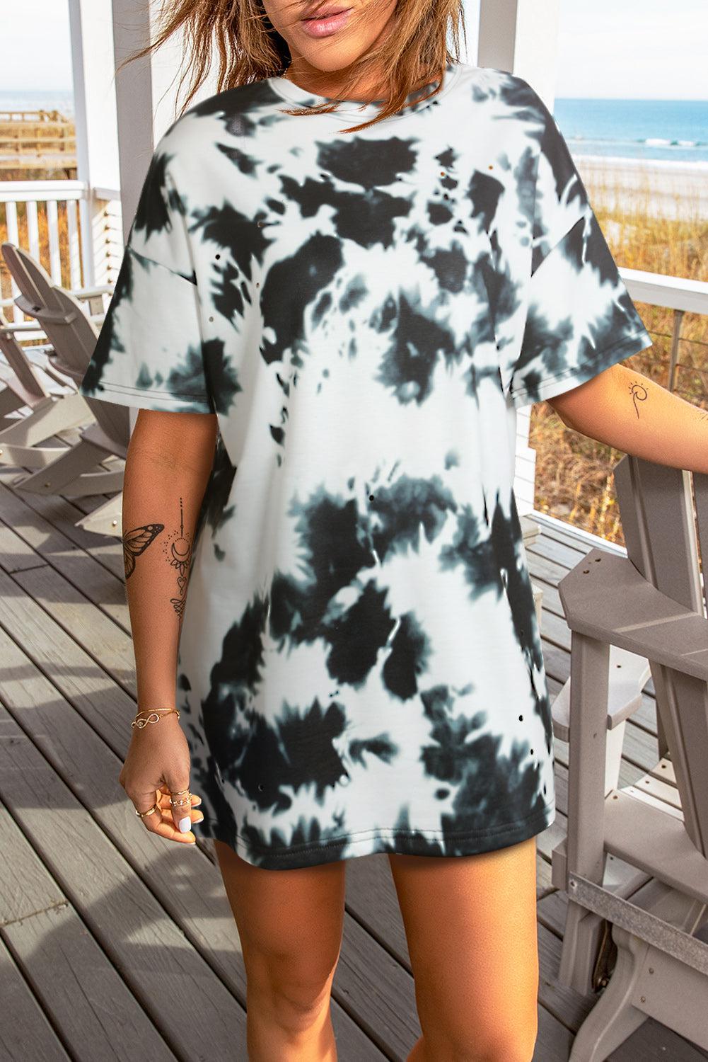 Tie-Dye Round Neck Short Sleeve Tunic Tee BLUE ZONE PLANET