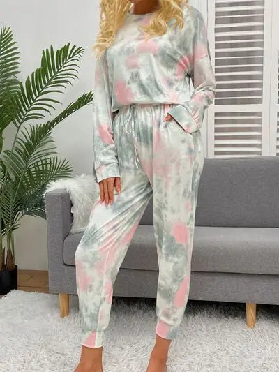 Tie-Dye Round Neck Top and Drawstring Pants Lounge Set Trendsi