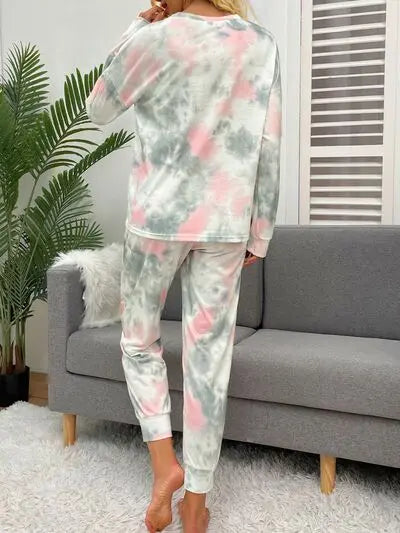 Tie-Dye Round Neck Top and Drawstring Pants Lounge Set Trendsi