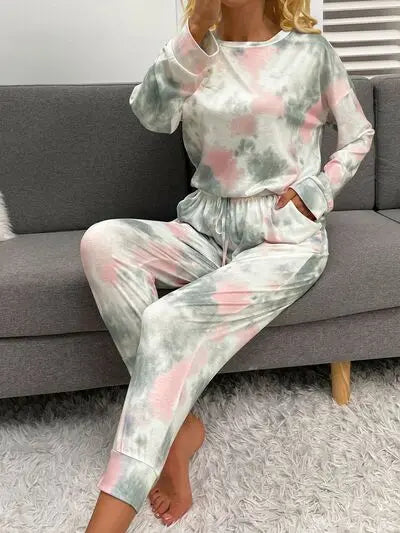 Tie-Dye Round Neck Top and Drawstring Pants Lounge Set Trendsi