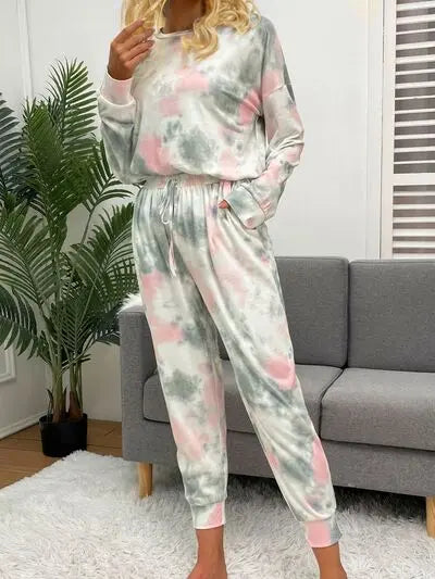 Tie-Dye Round Neck Top and Drawstring Pants Lounge Set Trendsi