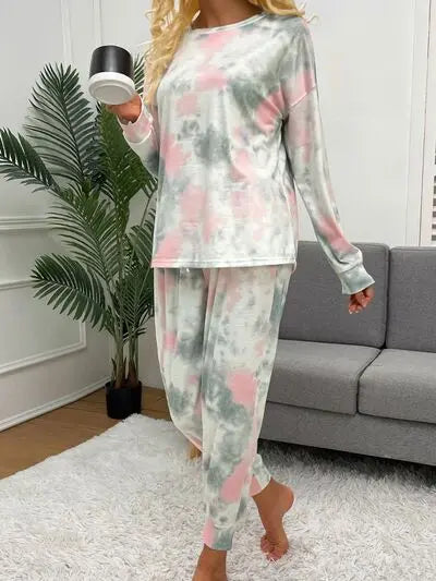 Tie-Dye Round Neck Top and Drawstring Pants Lounge Set Trendsi