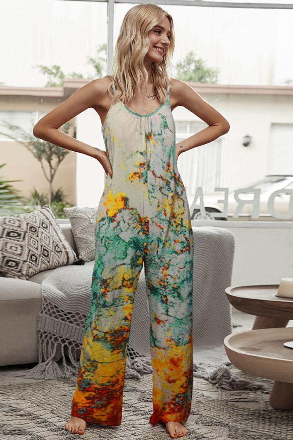 Tie-Dye Spaghetti Strap Jumpsuit with Pockets BLUE ZONE PLANET