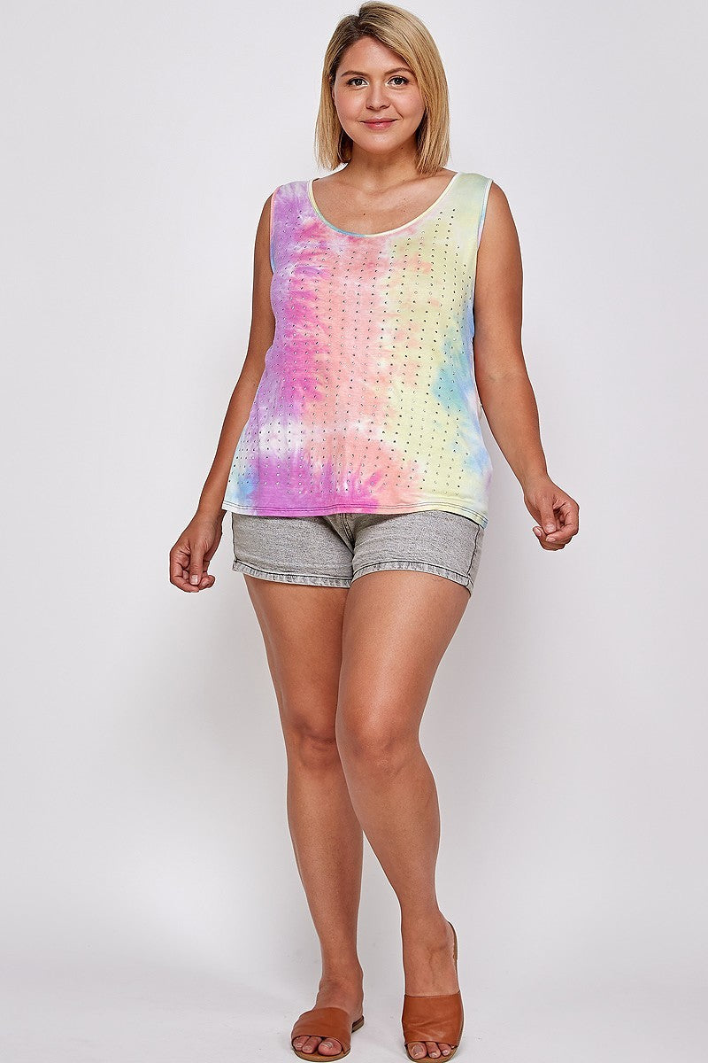 Tie Dye Tank With Studded Detail, Loose Fit, Easy Casual Wear Blue Zone Planet