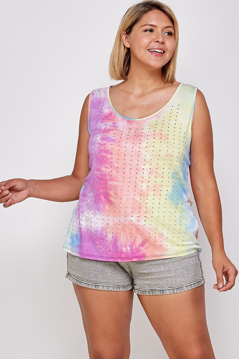 Tie Dye Tank With Studded Detail, Loose Fit, Easy Casual Wear Blue Zone Planet