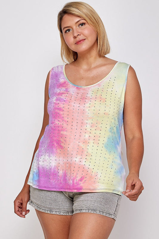 Tie Dye Tank With Studded Detail, Loose Fit, Easy Casual Wear Blue Zone Planet