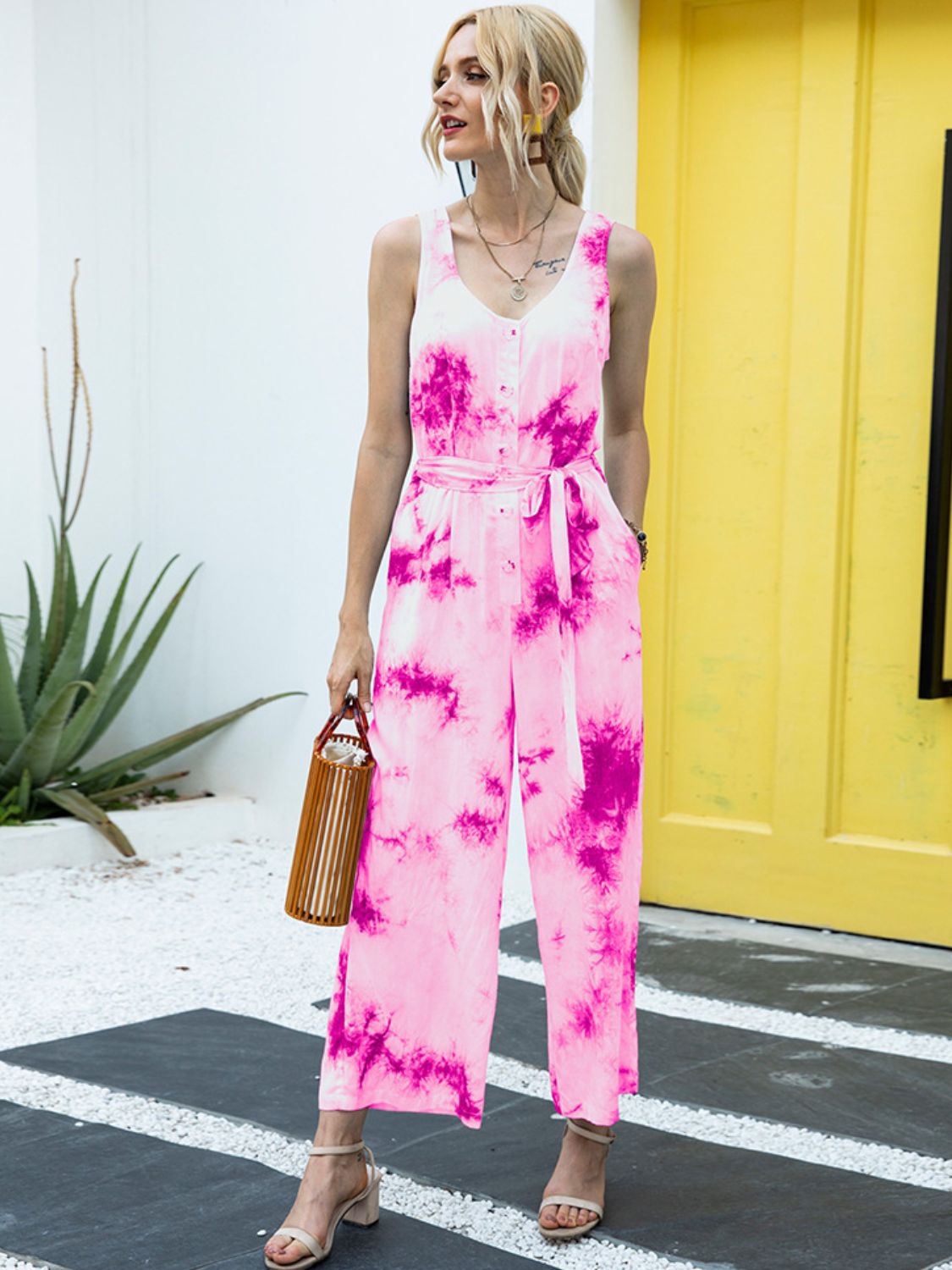 Tie-Dye Tie Waist Sleeveless Jumpsuit BLUE ZONE PLANET