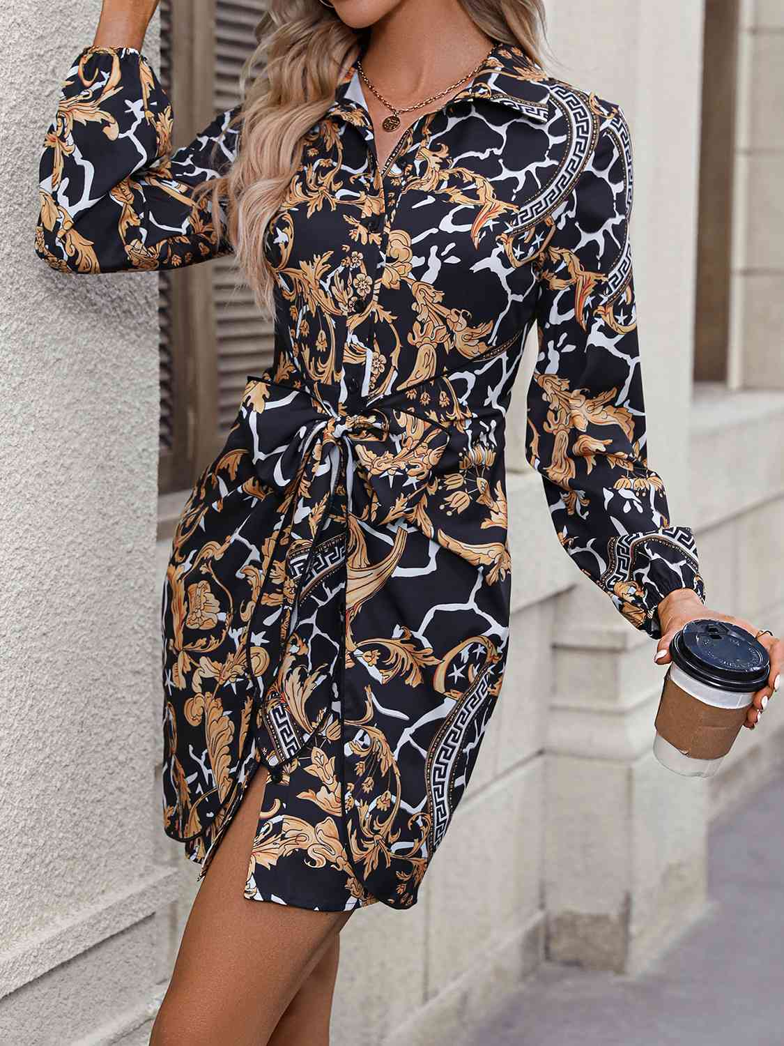Tie Front Printed Collared Neck Shirt Dress BLUE ZONE PLANET