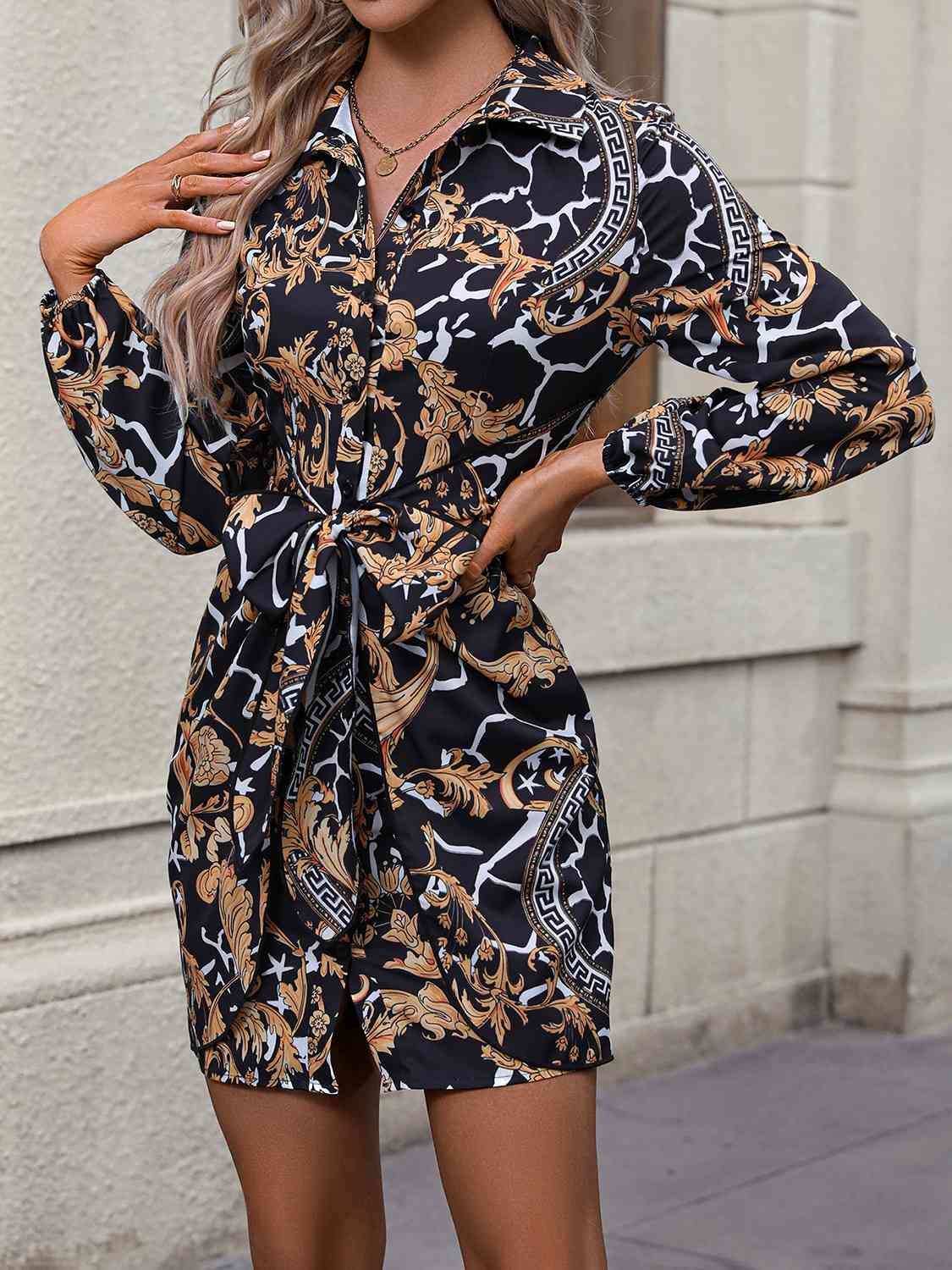 Tie Front Printed Collared Neck Shirt Dress BLUE ZONE PLANET