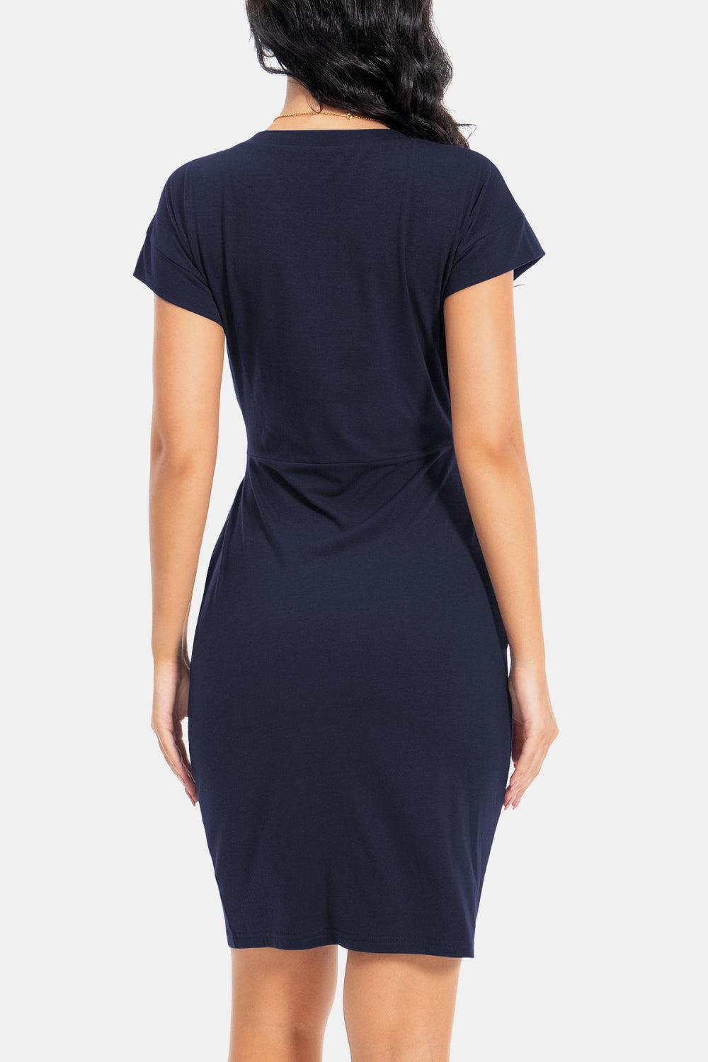 Tie Front Round Neck Short Sleeve Dress BLUE ZONE PLANET