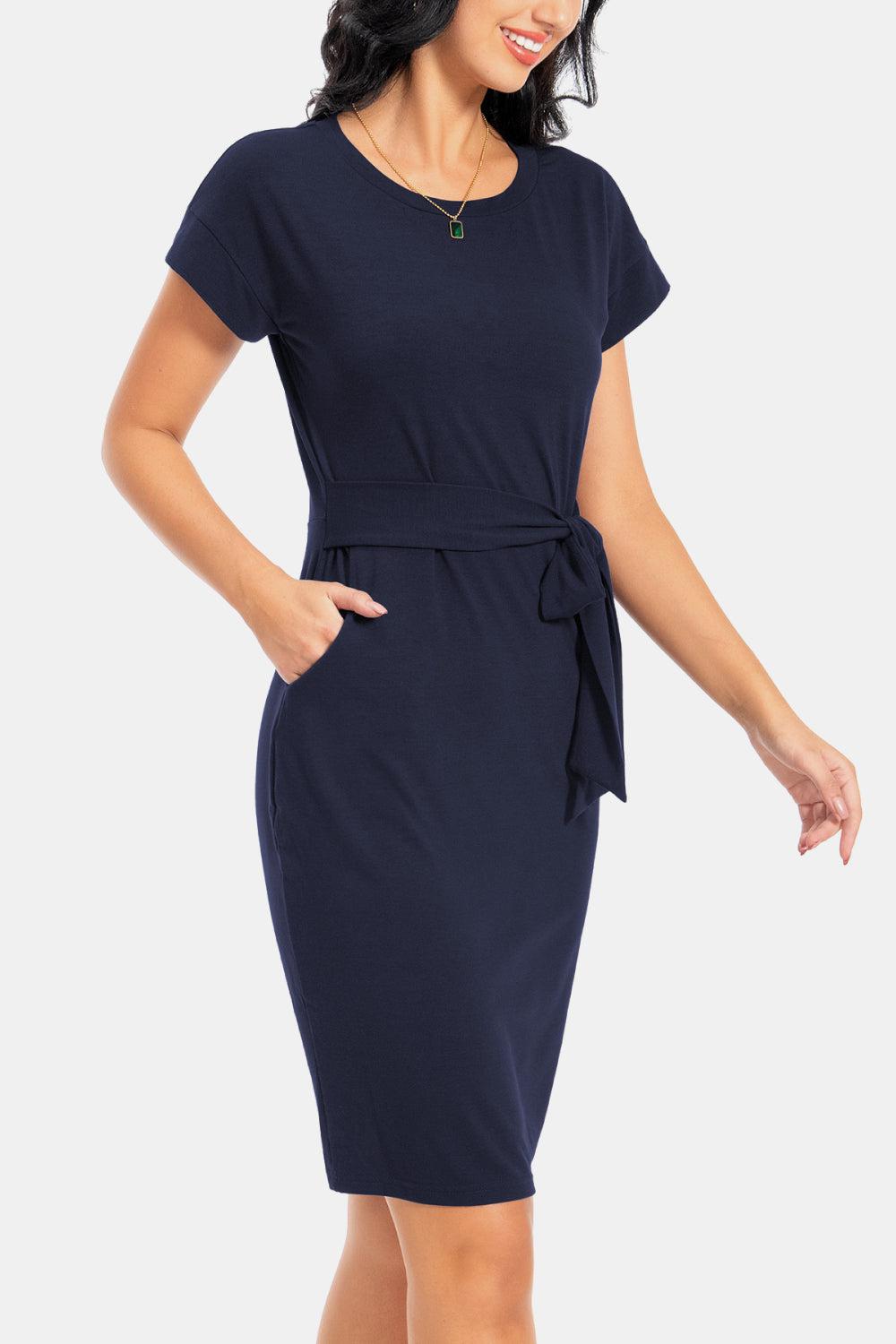 Tie Front Round Neck Short Sleeve Dress BLUE ZONE PLANET