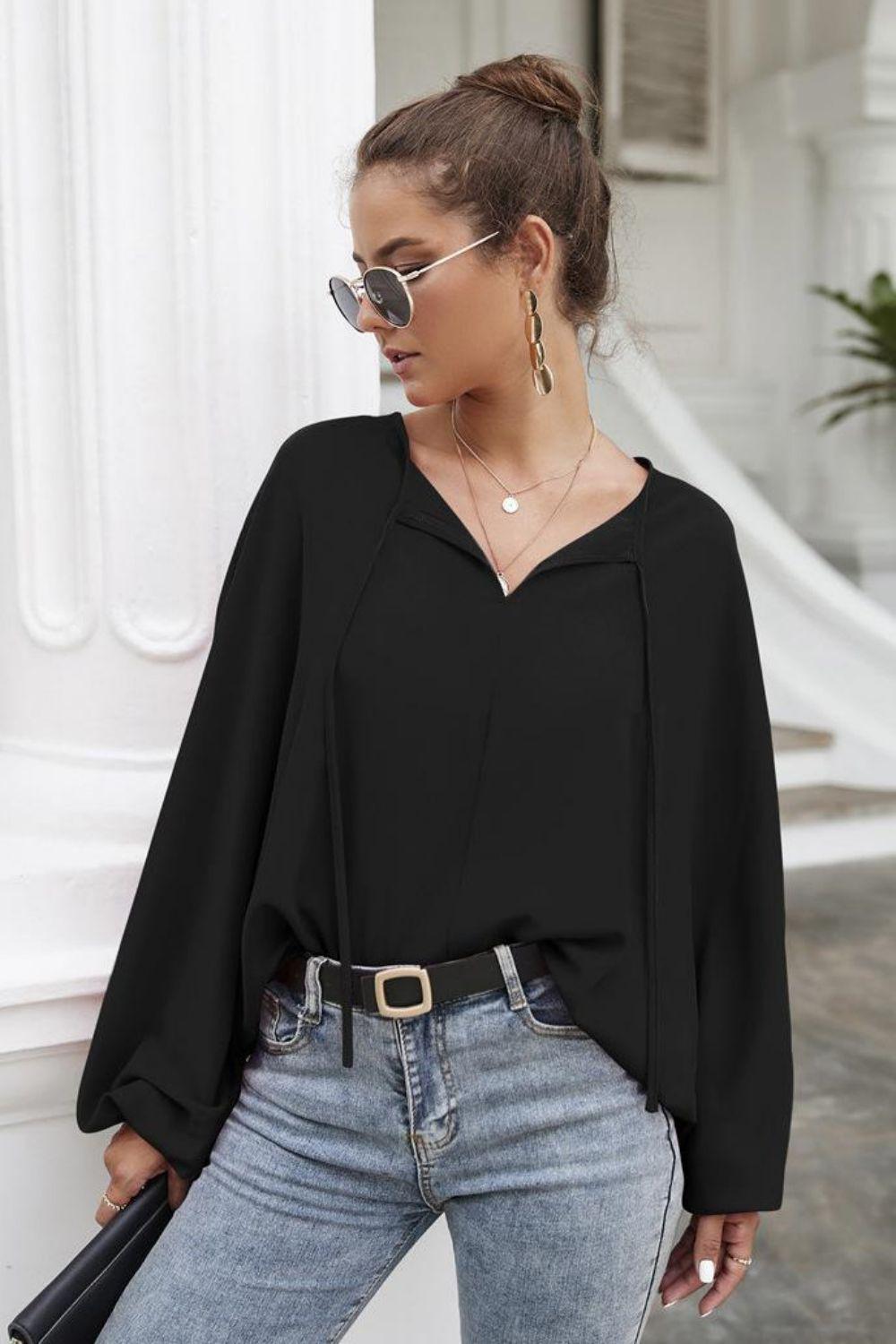 Tie Neck Balloon Sleeve Blouse BLUE ZONE PLANET