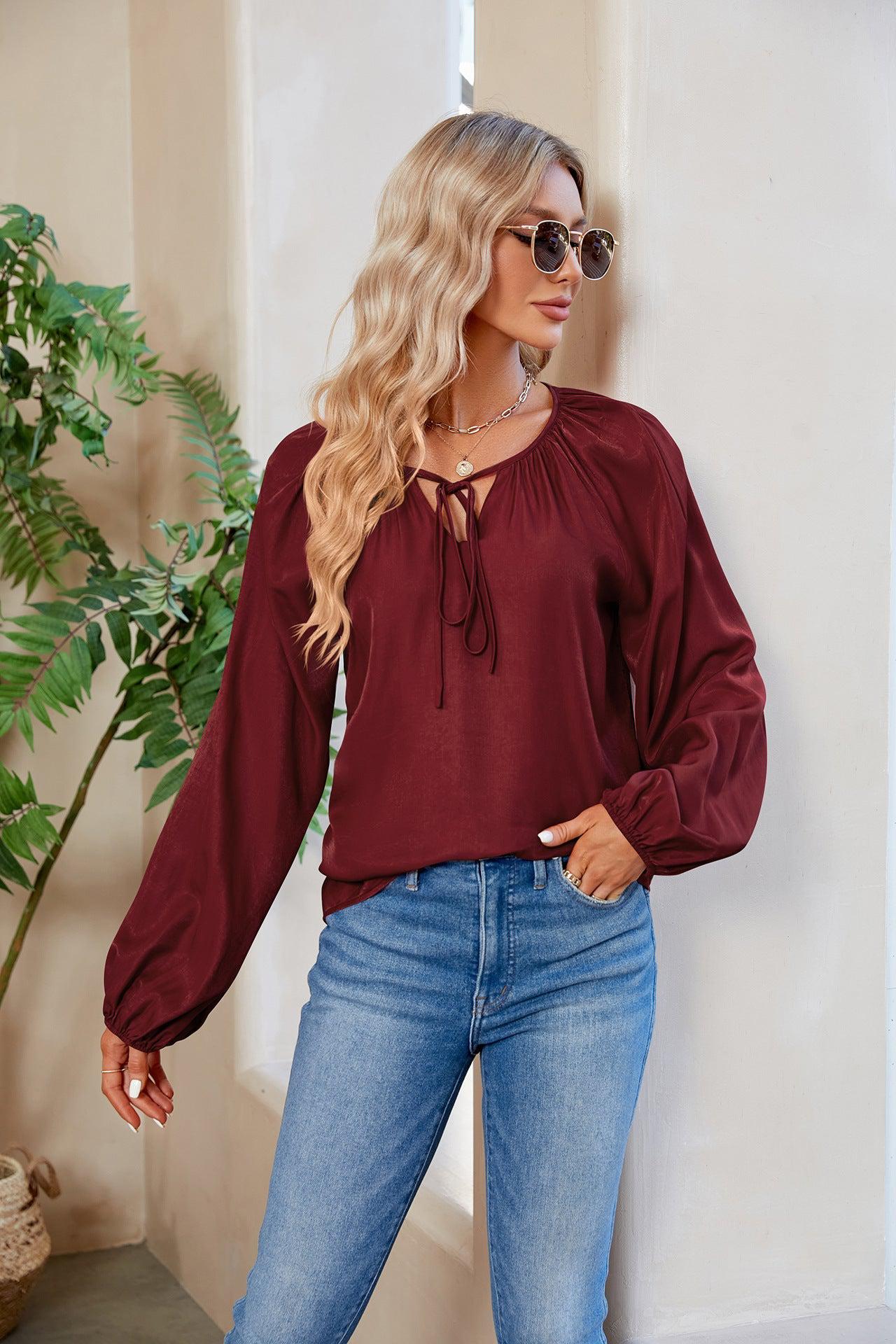 Tie Neck Balloon Sleeve Blouse BLUE ZONE PLANET