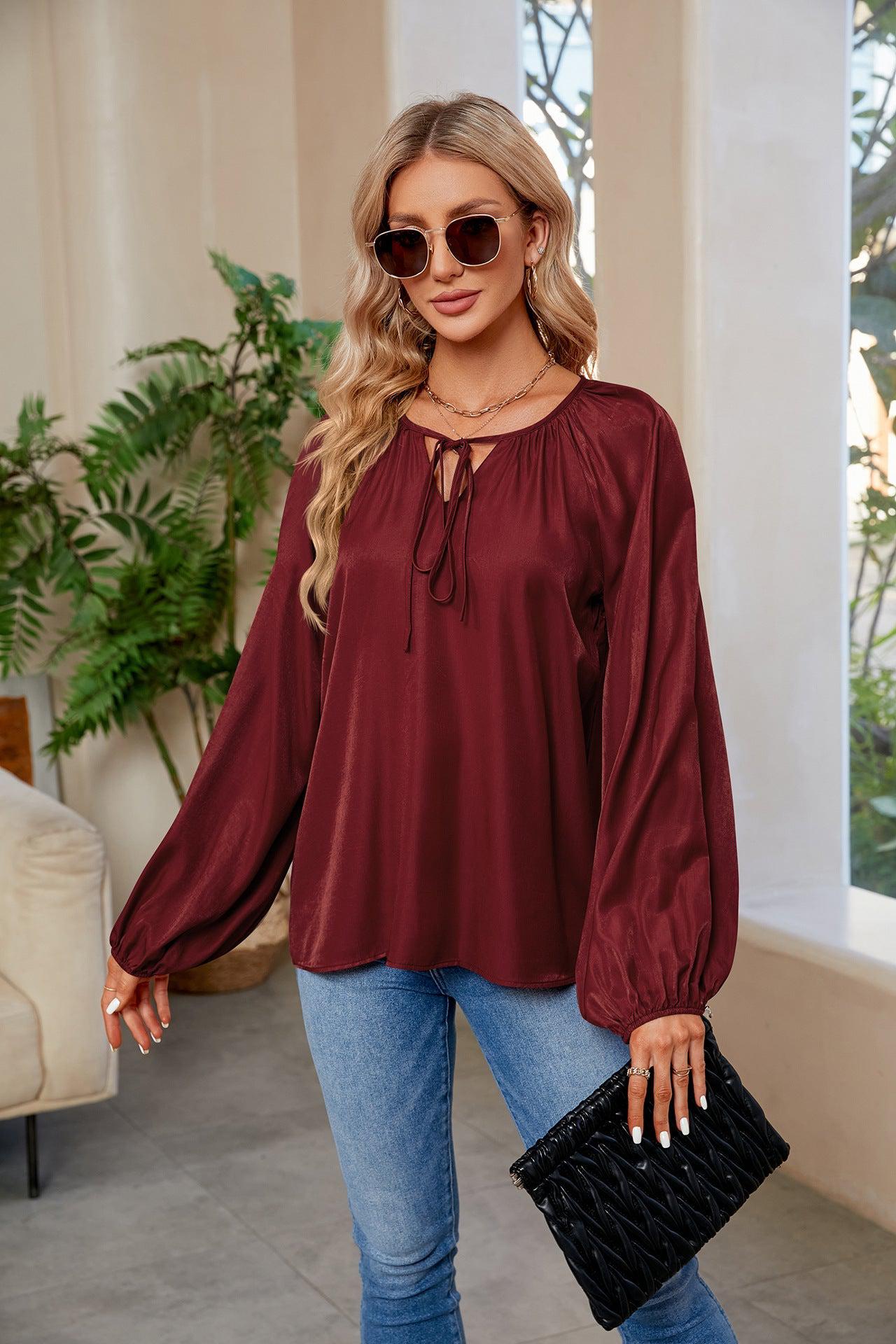 Tie Neck Balloon Sleeve Blouse BLUE ZONE PLANET