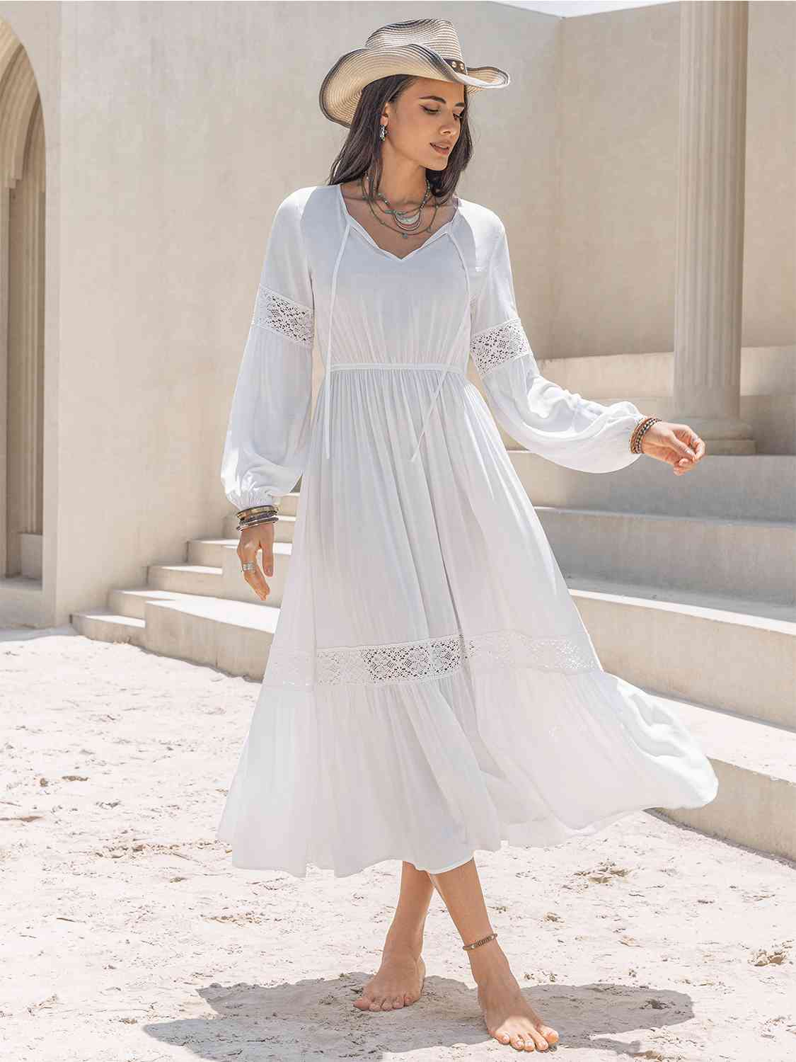 white balloon sleeve midi dress White Midi Dress - Puff Sleeve Midi Dress - Boat Neck Midi Dress