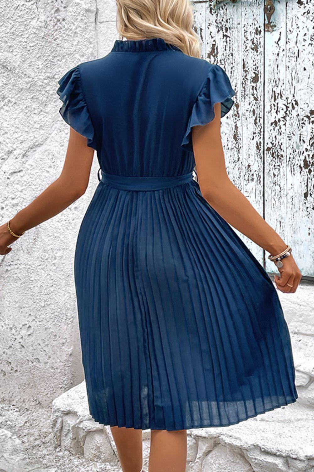Tie Neck Belted Pleated Dress BLUE ZONE PLANET