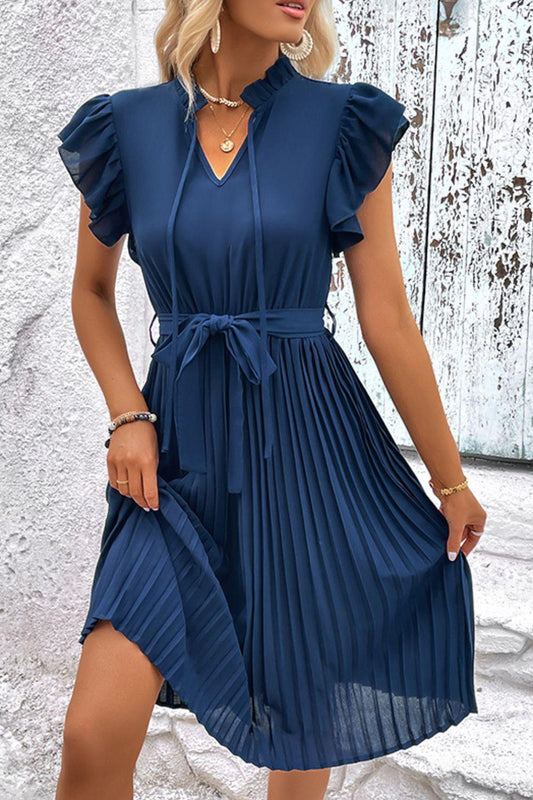 Tie Neck Belted Pleated Dress BLUE ZONE PLANET