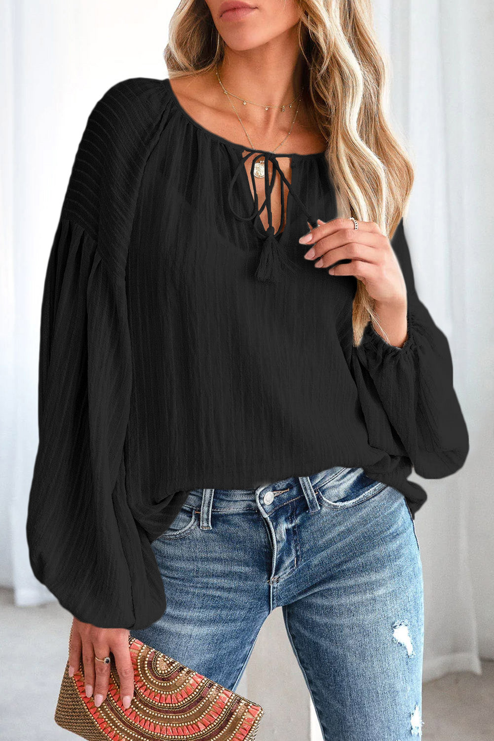 Tie Neck Dropped Shoulder Blouse BLUE ZONE PLANET