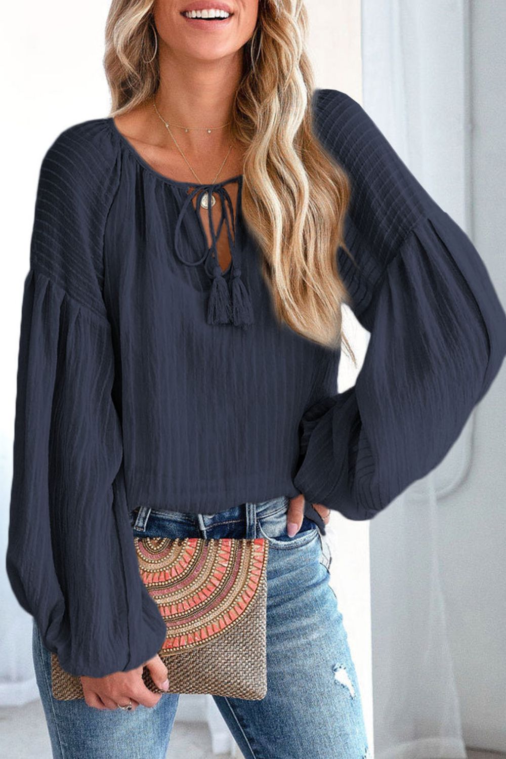 Tie Neck Dropped Shoulder Blouse BLUE ZONE PLANET