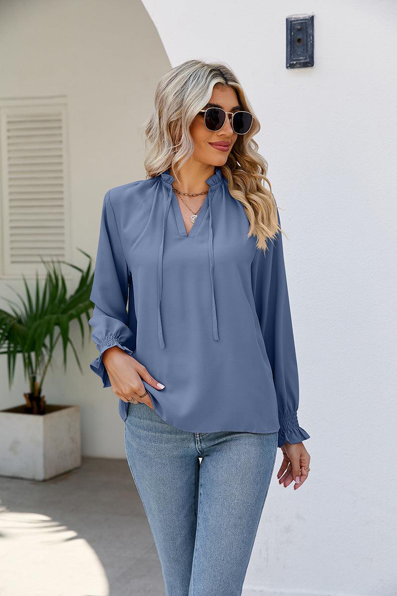 Tie Neck Flounce Sleeve Blouse BLUE ZONE PLANET