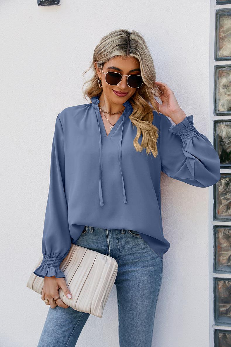 Tie Neck Flounce Sleeve Blouse BLUE ZONE PLANET