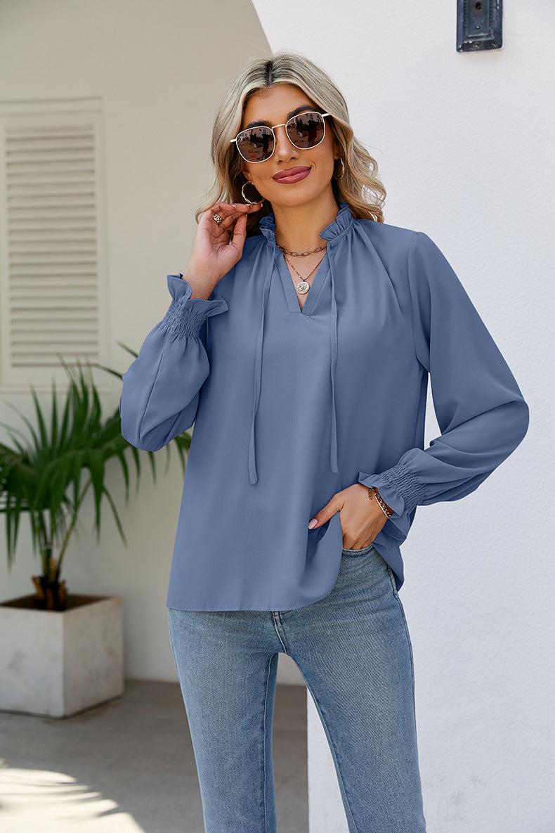 Tie Neck Flounce Sleeve Blouse BLUE ZONE PLANET