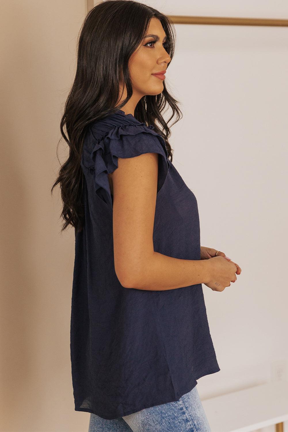 Tie-Neck Flutter Sleeve Blouse BLUE ZONE PLANET