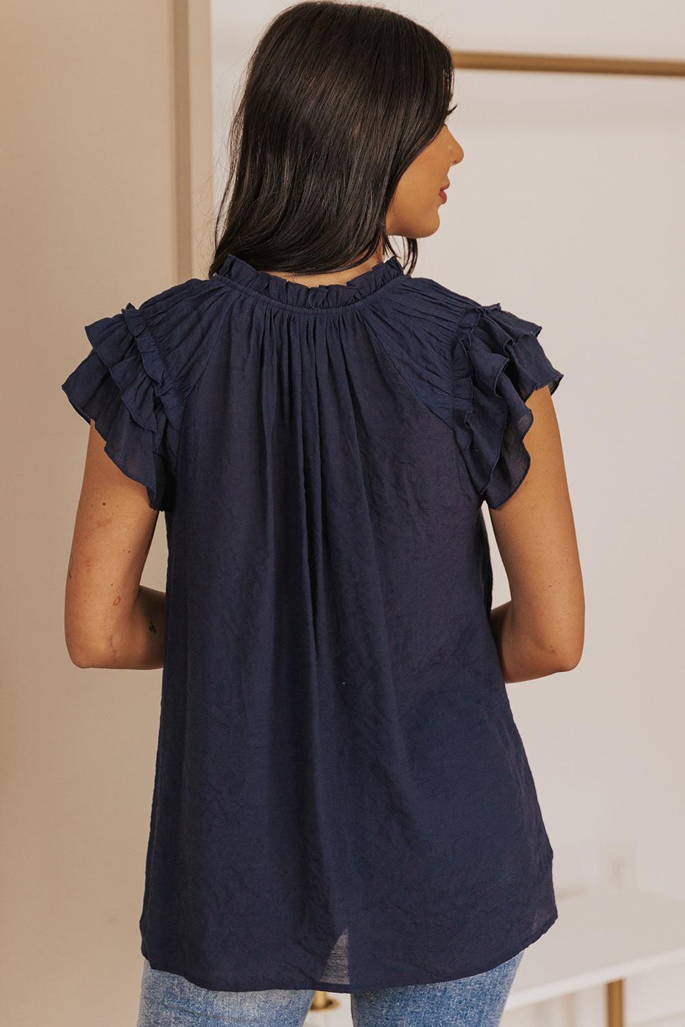 Tie-Neck Flutter Sleeve Blouse BLUE ZONE PLANET