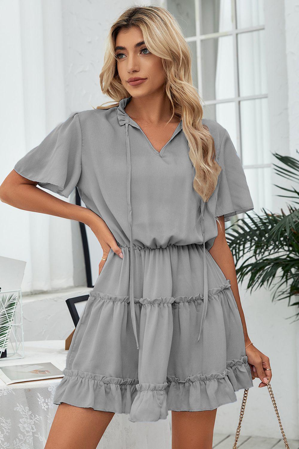 Tie Neck Frill Trim Short Sleeve Mini Dress BLUE ZONE PLANET