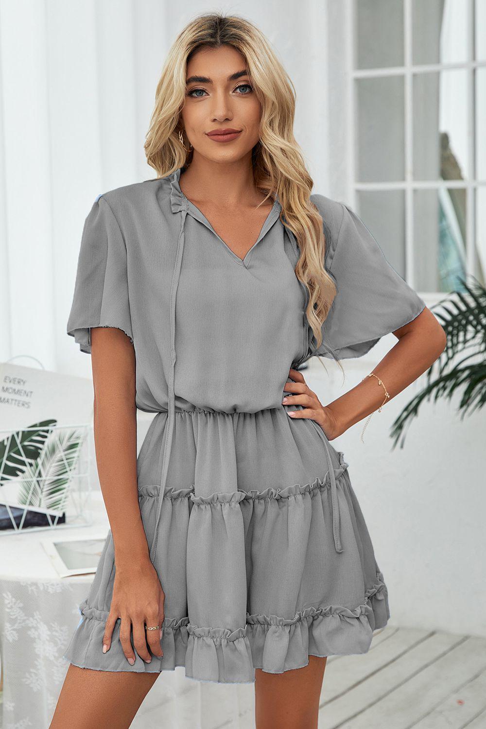 Tie Neck Frill Trim Short Sleeve Mini Dress BLUE ZONE PLANET