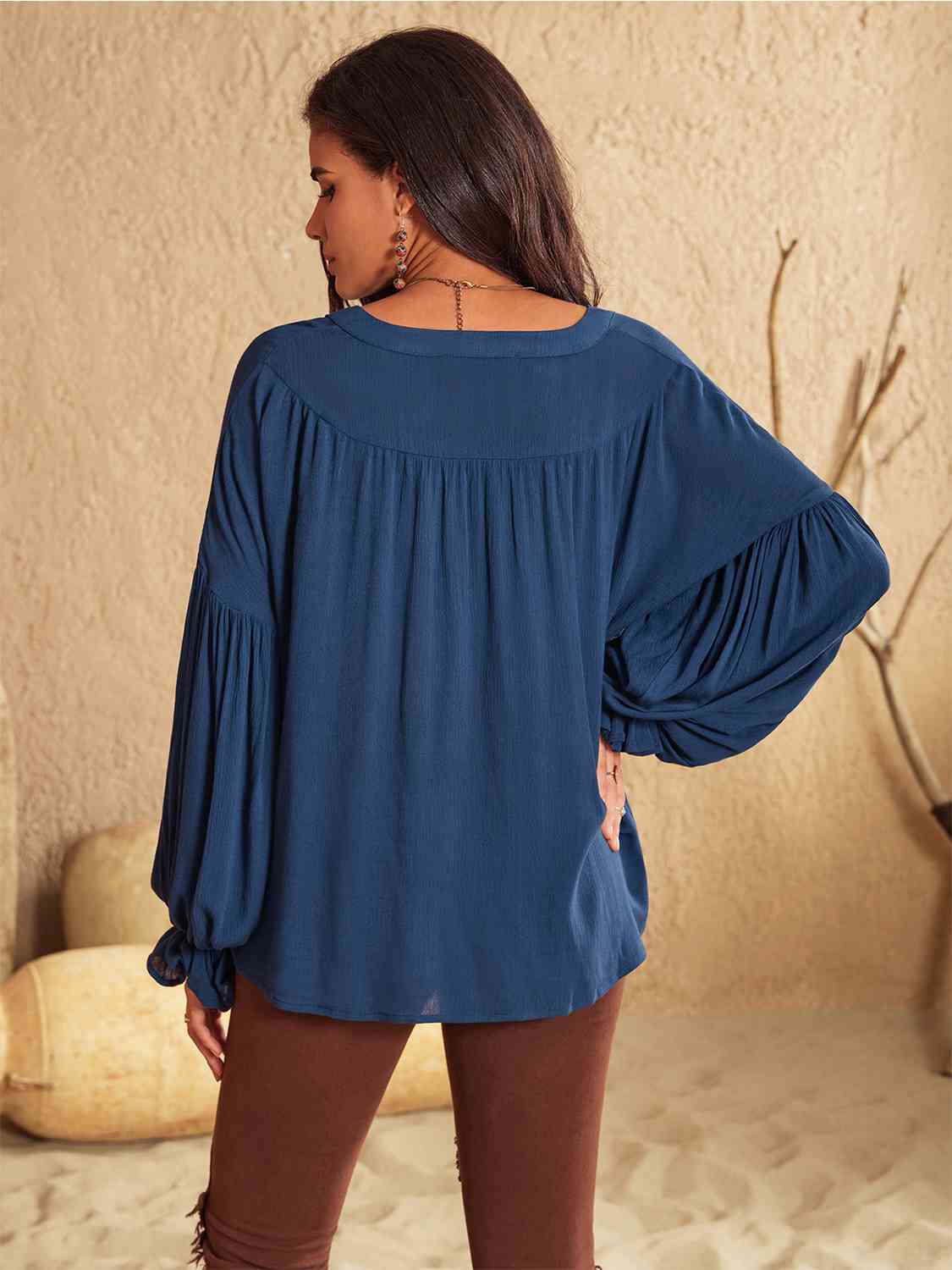 Tie Neck Long Sleeve Blouse BLUE ZONE PLANET