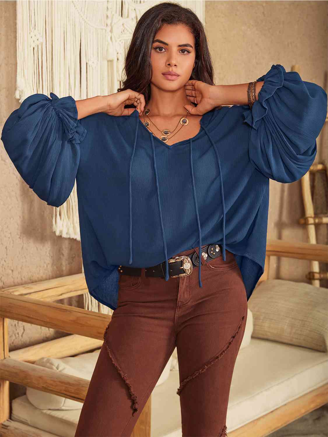 Tie Neck Long Sleeve Blouse BLUE ZONE PLANET