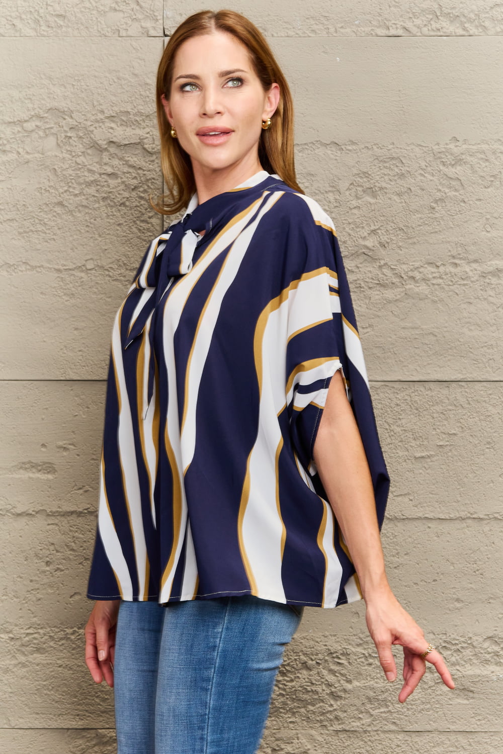 Tie Neck Printed Slit Sleeve Blouse BLUE ZONE PLANET