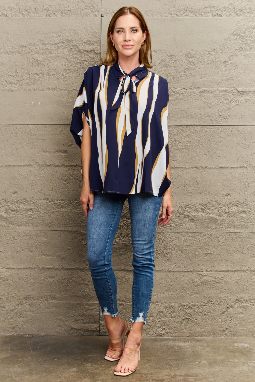 Tie Neck Printed Slit Sleeve Blouse BLUE ZONE PLANET