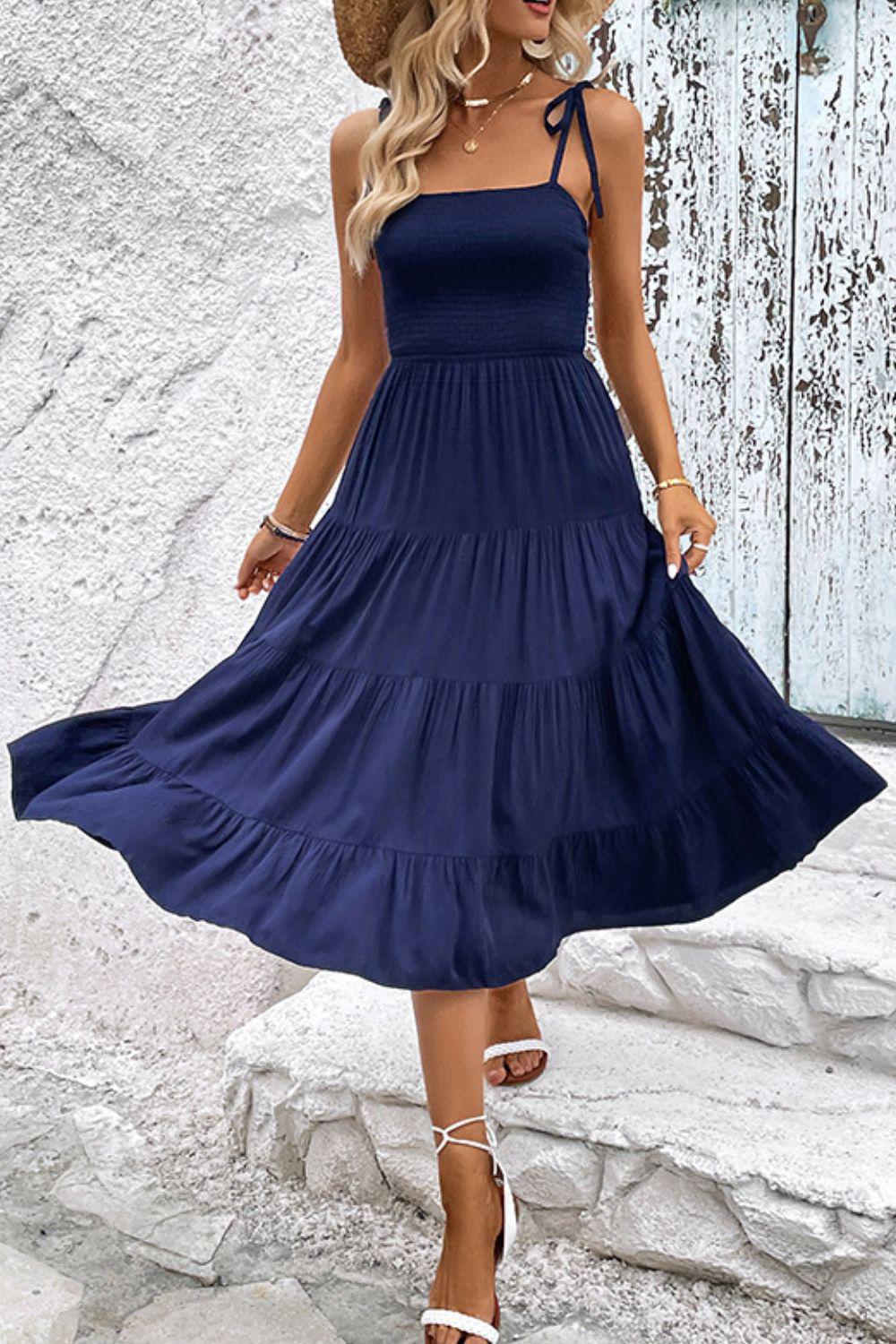 Tie-Shoulder Tiered Midi Dress BLUE ZONE PLANET