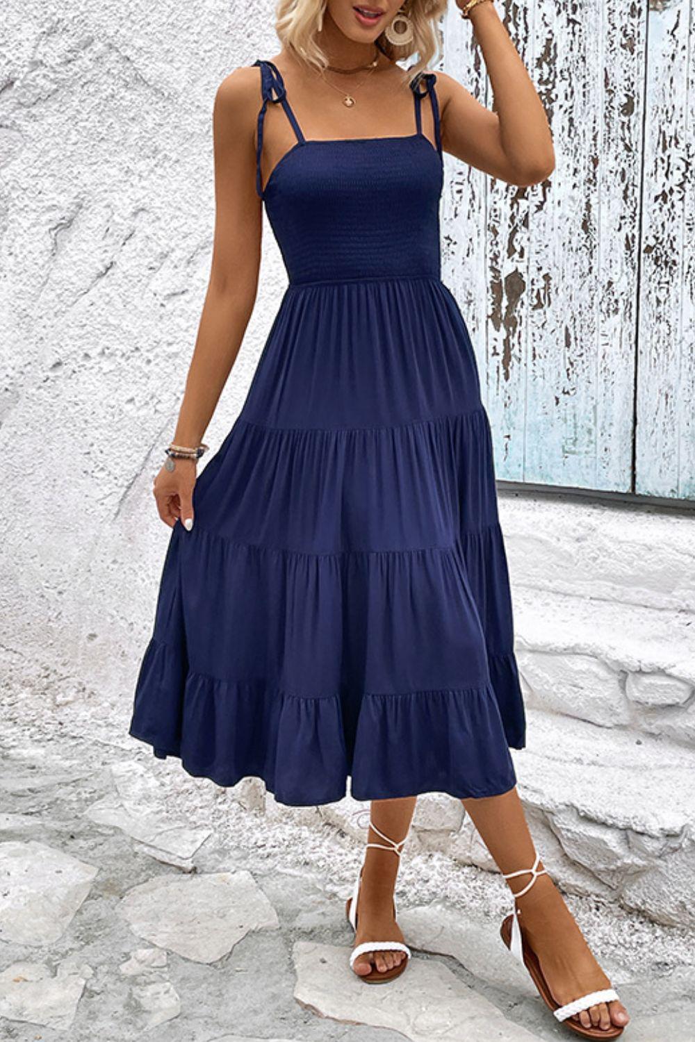 Tie-Shoulder Tiered Midi Dress BLUE ZONE PLANET