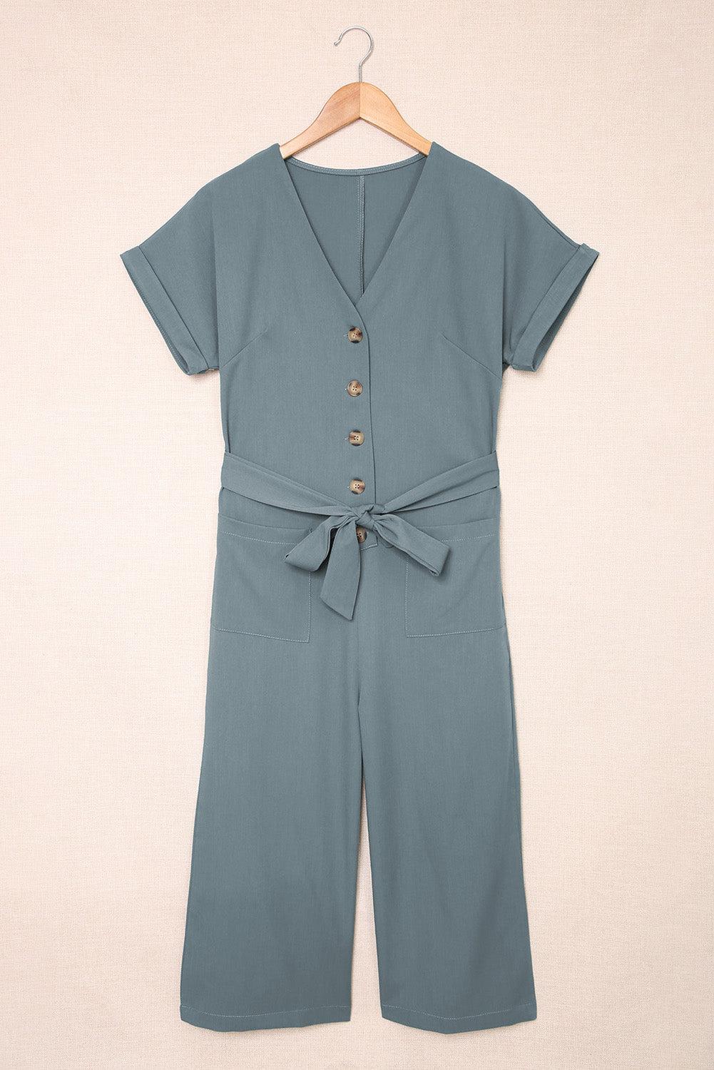 Tie-Waist Buttoned Cropped Jumpsuit BLUE ZONE PLANET