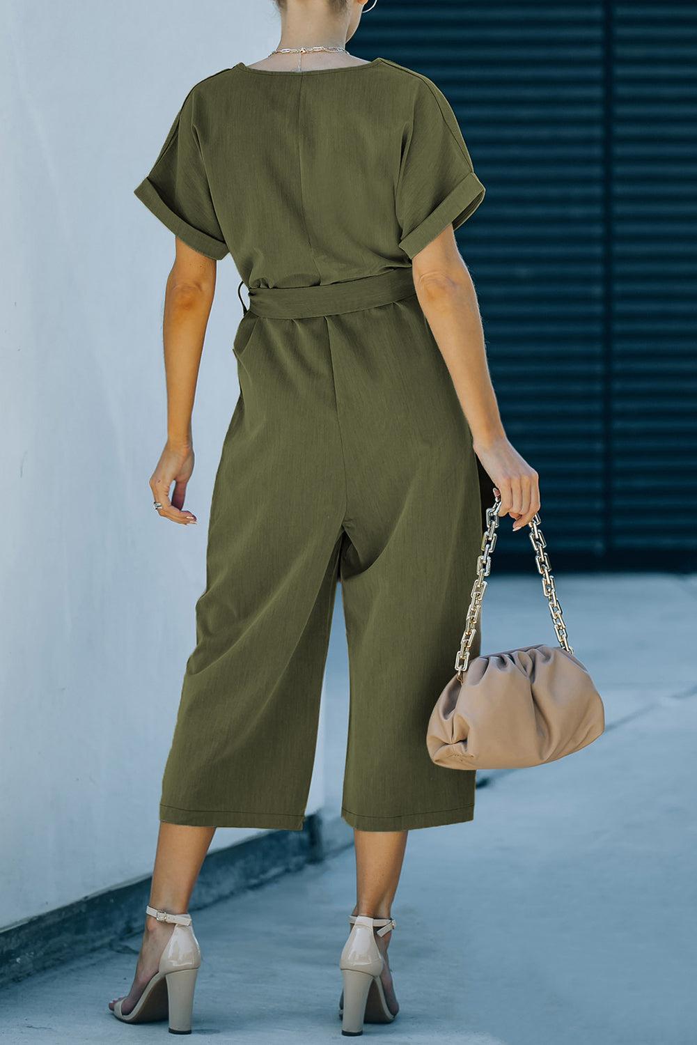 Tie-Waist Buttoned Cropped Jumpsuit BLUE ZONE PLANET