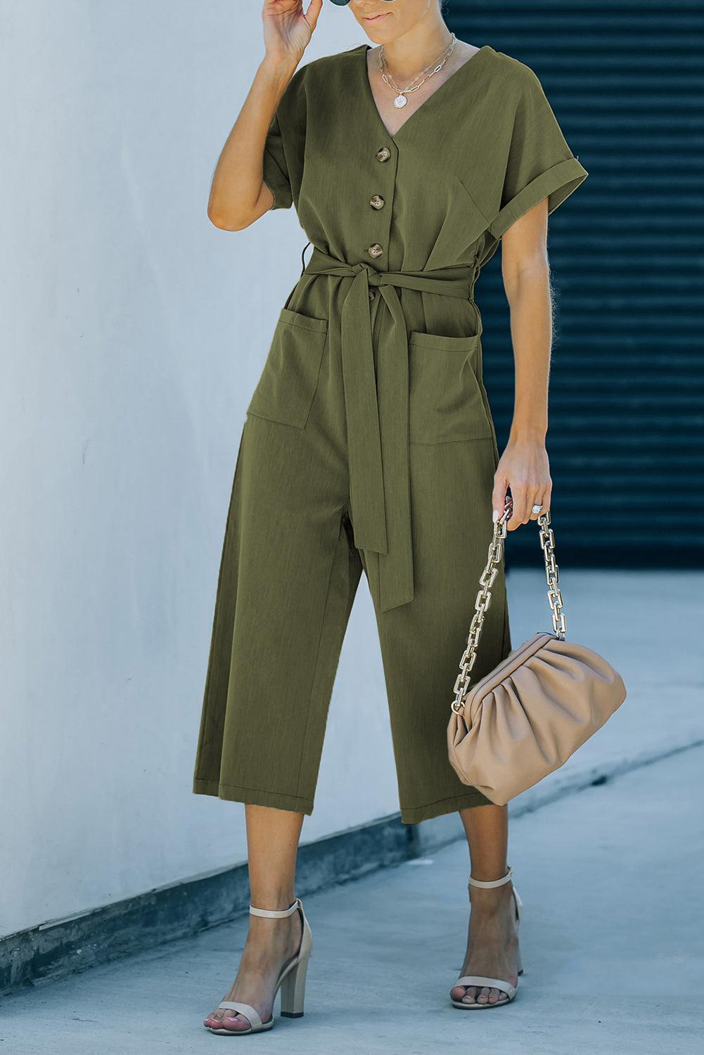 Tie-Waist Buttoned Cropped Jumpsuit BLUE ZONE PLANET