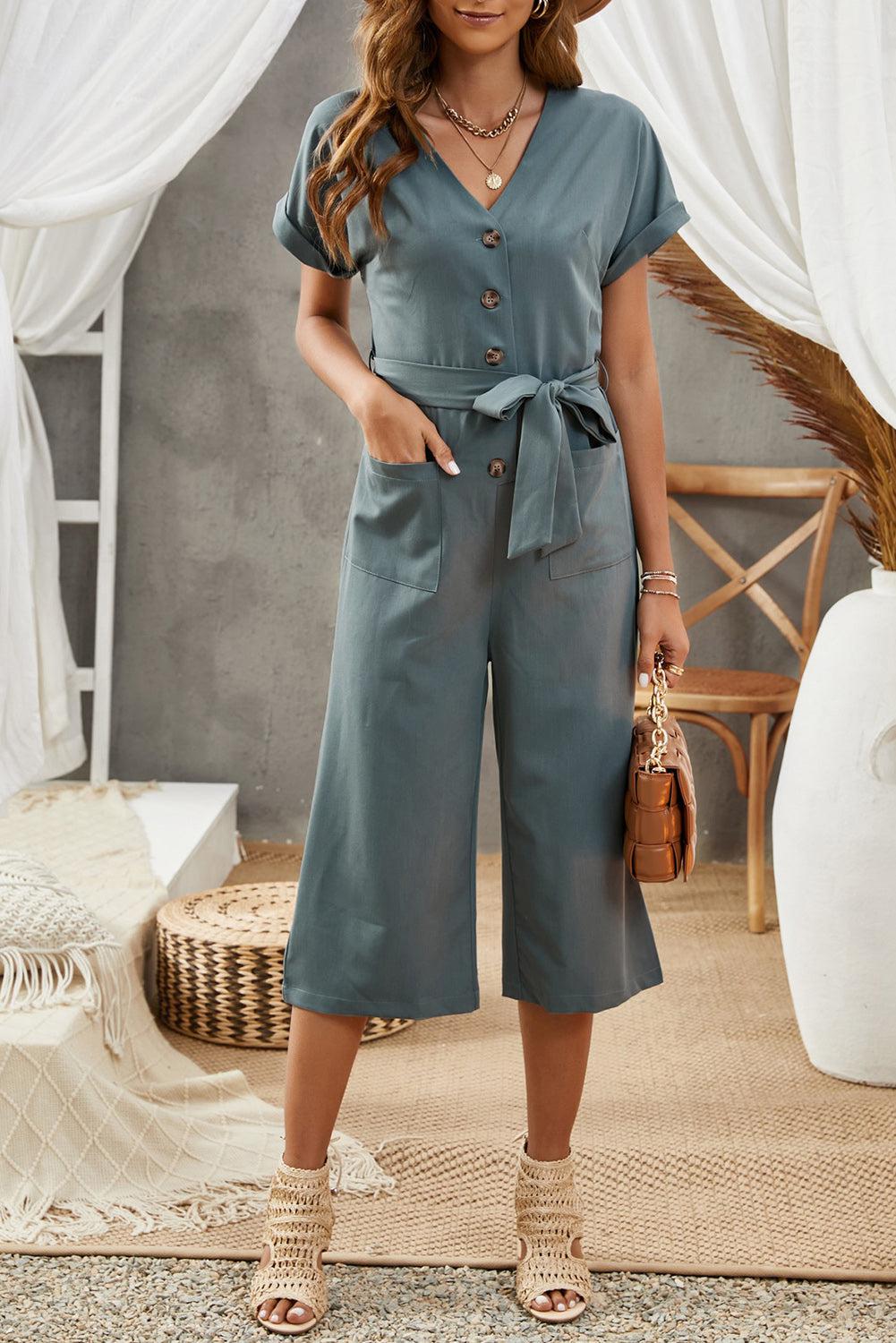 Tie-Waist Buttoned Cropped Jumpsuit BLUE ZONE PLANET