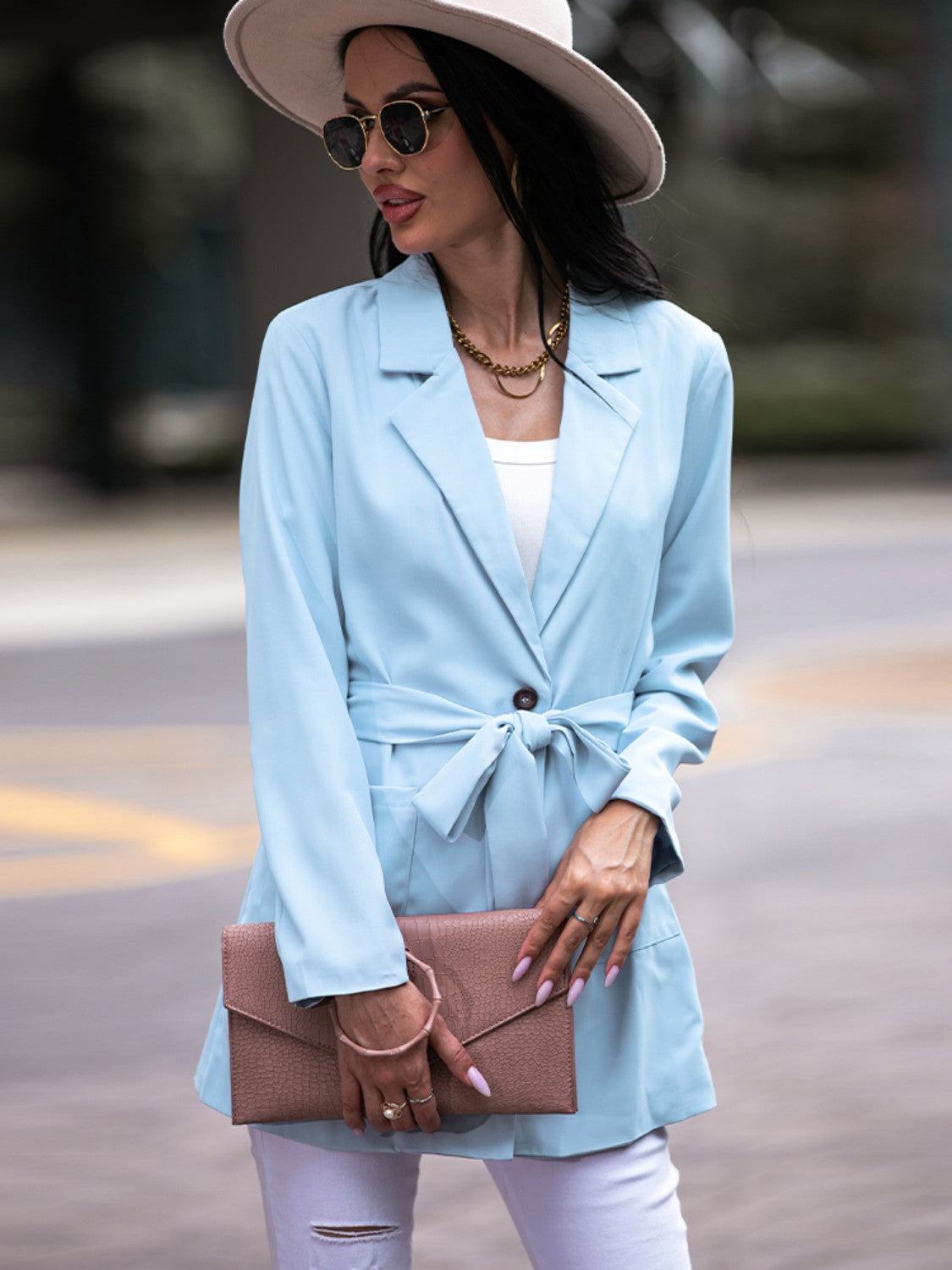 Tie Waist Long Sleeve Blazer BLUE ZONE PLANET