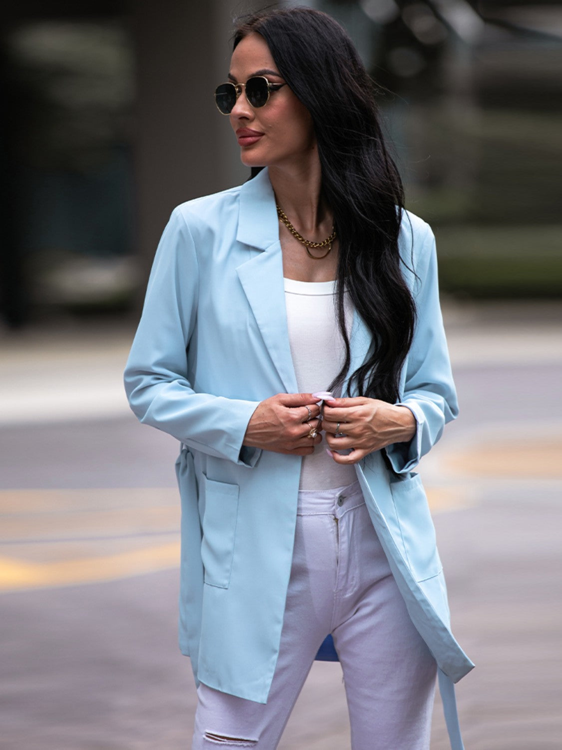 Tie Waist Long Sleeve Blazer BLUE ZONE PLANET