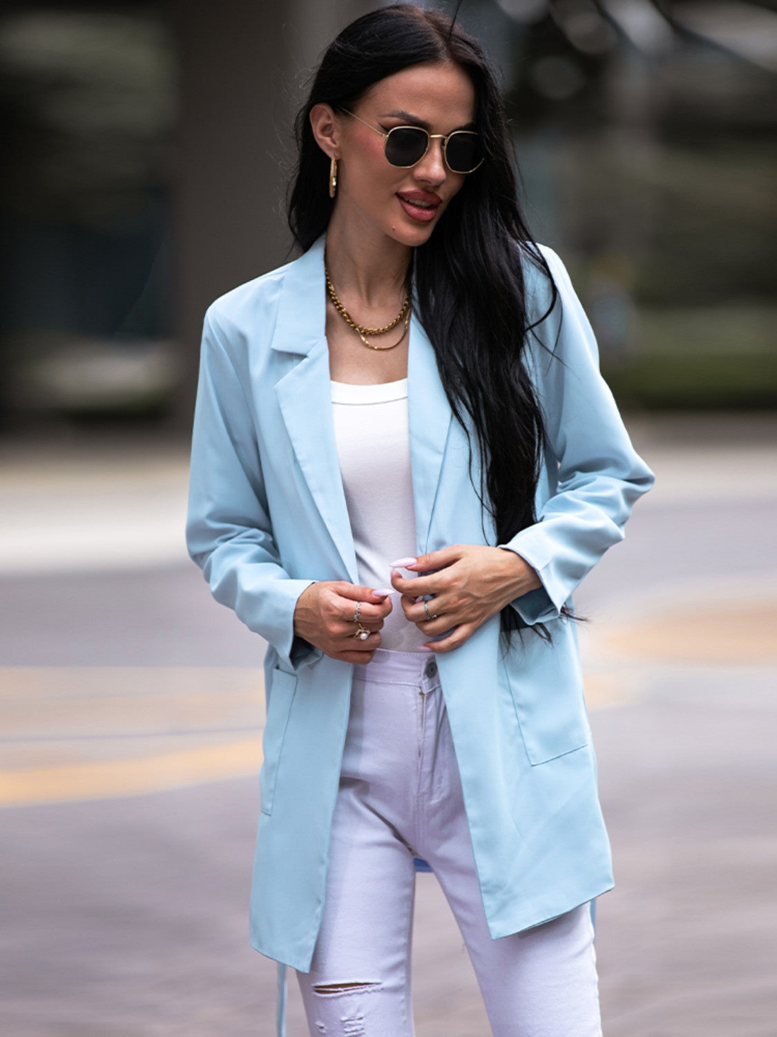 Tie Waist Long Sleeve Blazer BLUE ZONE PLANET