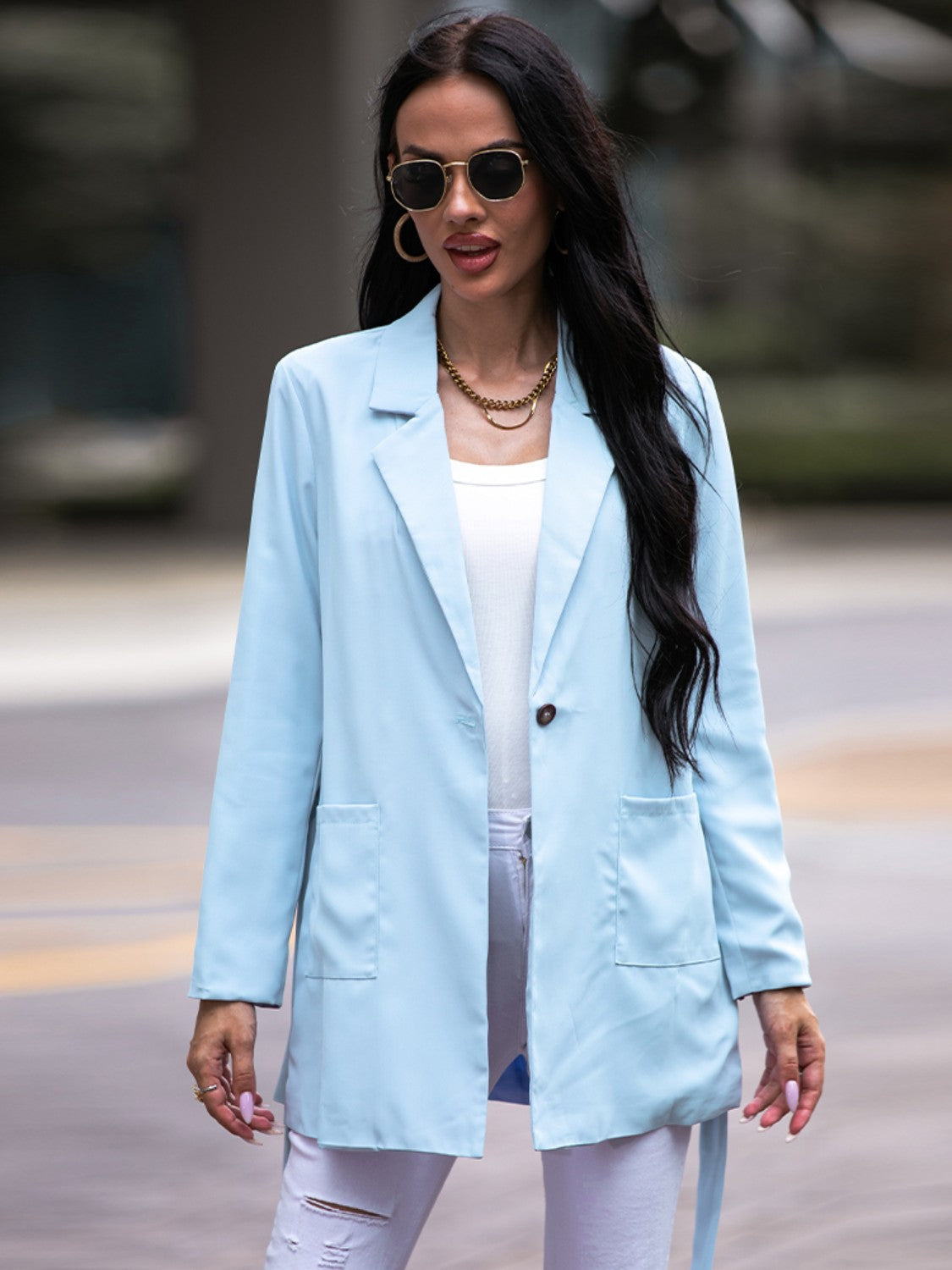 Tie Waist Long Sleeve Blazer BLUE ZONE PLANET