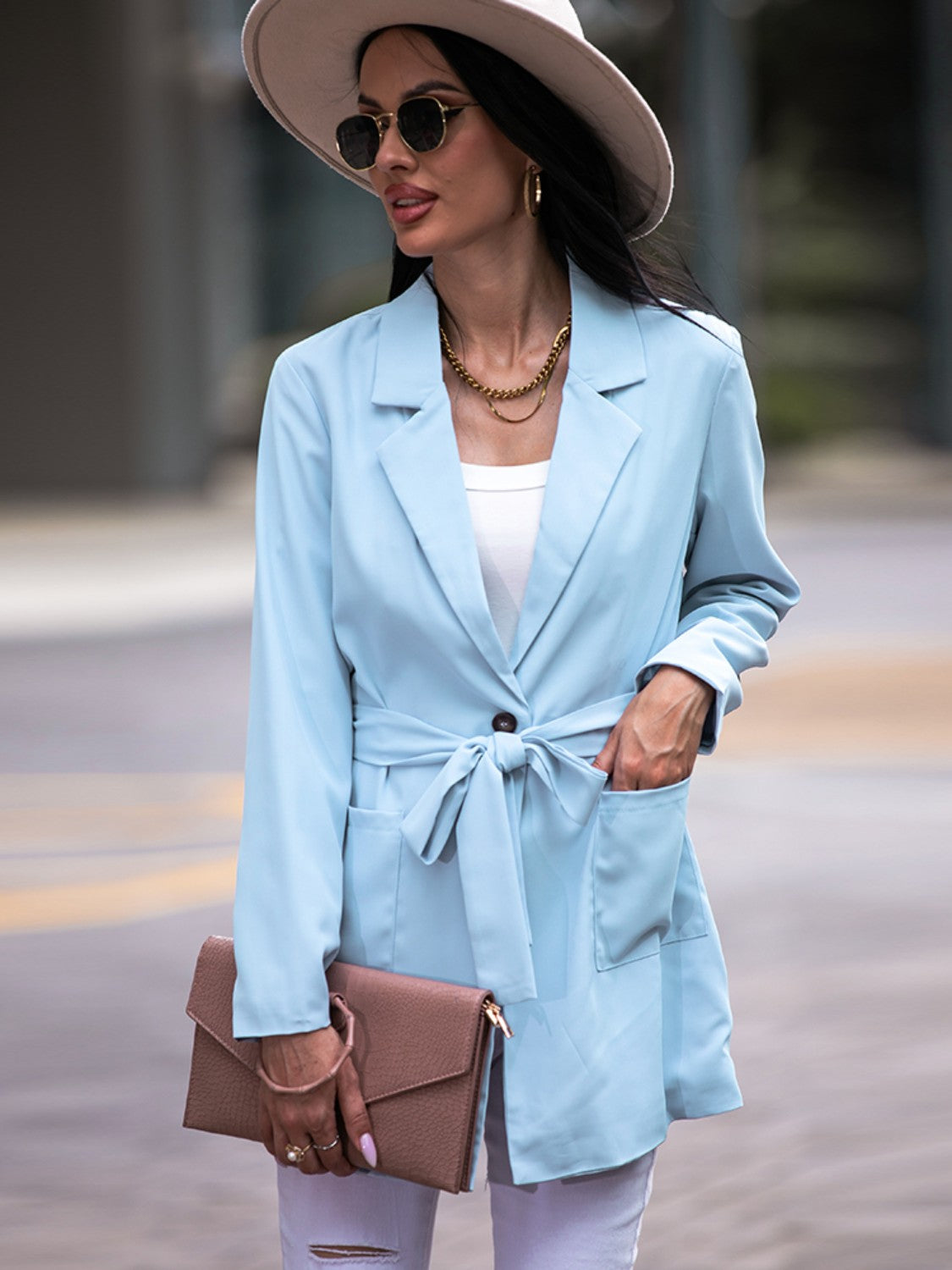 Tie Waist Long Sleeve Blazer BLUE ZONE PLANET