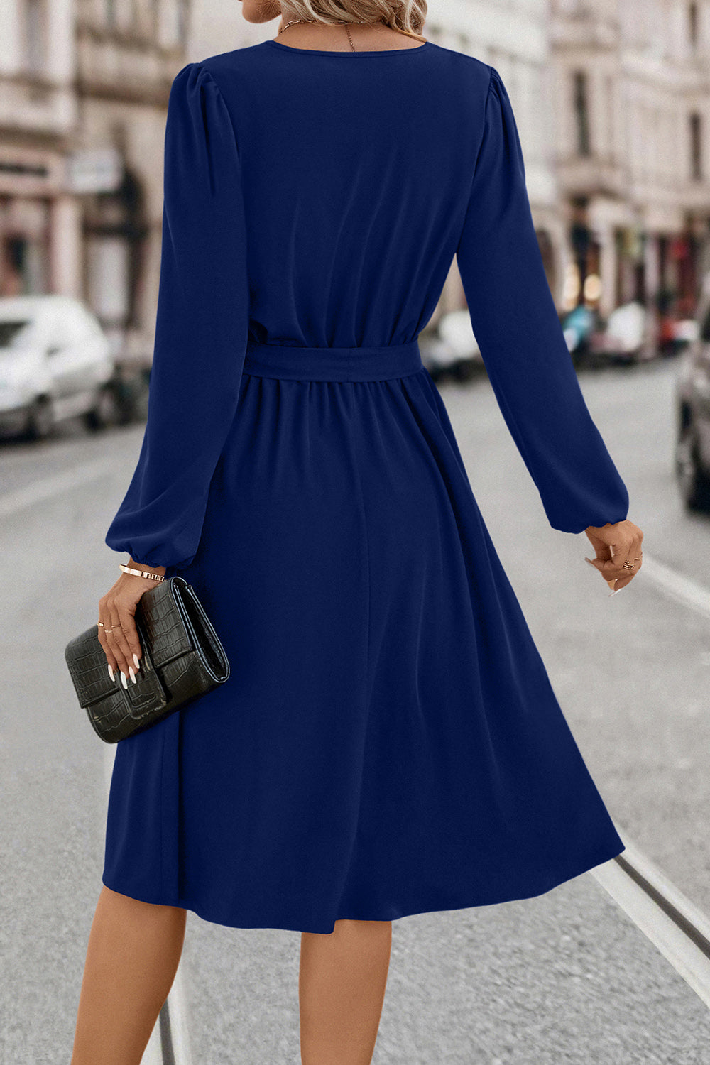 Tie Waist Notched Neck Long Sleeve Dress BLUE ZONE PLANET