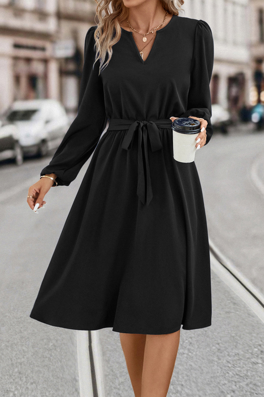 Tie Waist Notched Neck Long Sleeve Dress BLUE ZONE PLANET