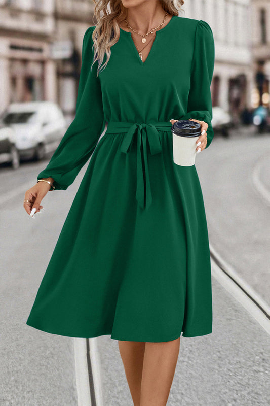 Tie Waist Notched Neck Long Sleeve Dress BLUE ZONE PLANET