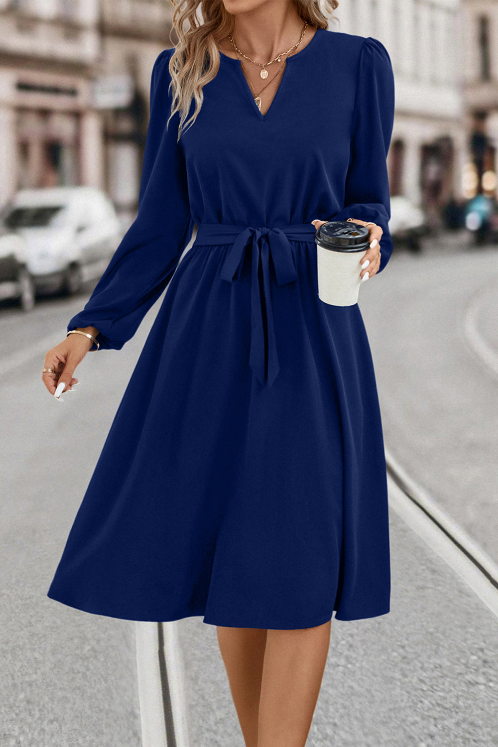 Tie Waist Notched Neck Long Sleeve Dress BLUE ZONE PLANET