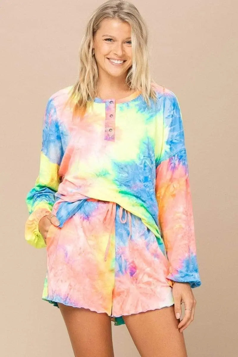 Tie-dye Printed Knit Top And Shorts Set Blue Zone Planet